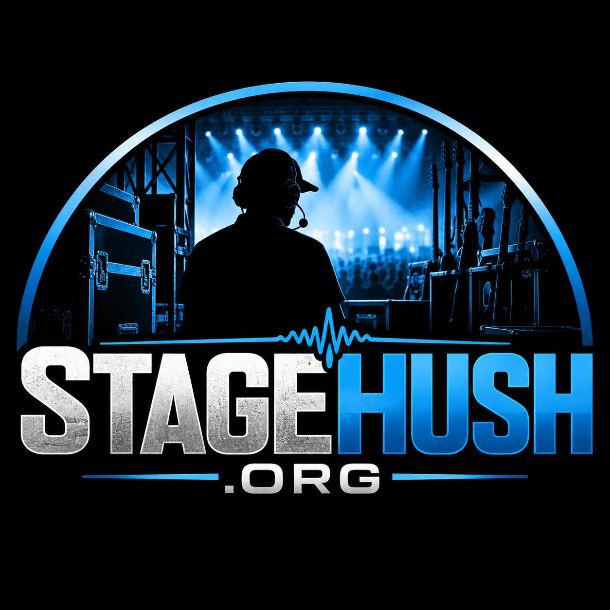 StageHush artwork showing a touring crew member beneath a blue-lit stage arch